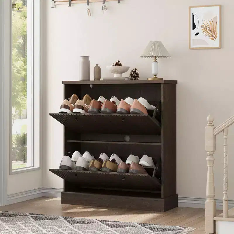 Meuble à chaussures avec 2 tiroirs pivotants - Meuble de rangement d'entrée étroit cannelé - Étagères réglables et amovibles - Organisateur de chaussures moderne autoportant