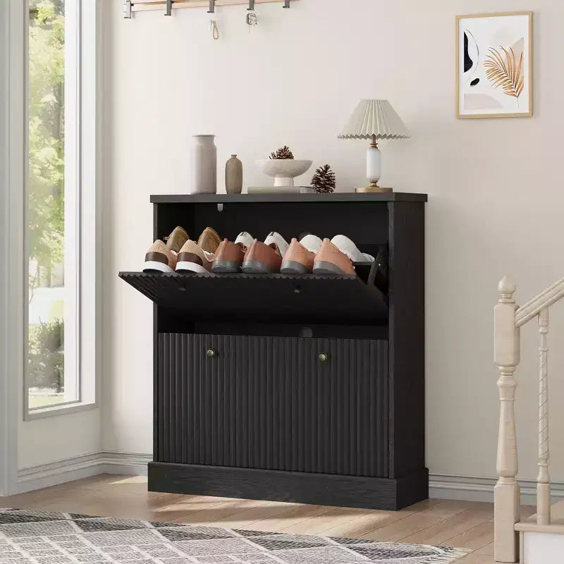 Meuble à chaussures avec 2 tiroirs pivotants - Meuble de rangement d'entrée étroit cannelé - Étagères réglables et amovibles - Organisateur de chaussures moderne autoportant