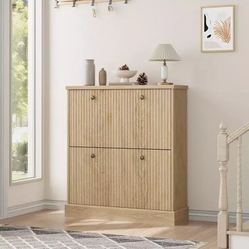Meuble à chaussures avec 2 tiroirs pivotants - Meuble de rangement d'entrée étroit cannelé - Étagères réglables et amovibles - Organisateur de chaussures moderne autoportant