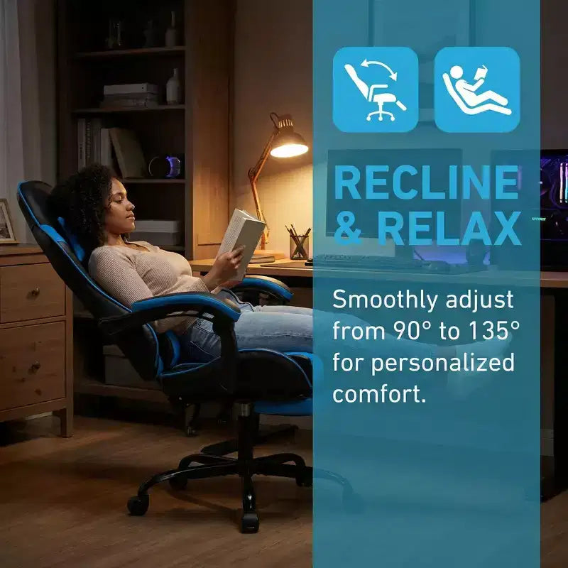 Chaise de jeu avec repose-pieds, chaise d'ordinateur ergonomique avec appuie-tête et support lombaire, chaise de jeu respirante et réglable en hauteur pour la maison et le bureau