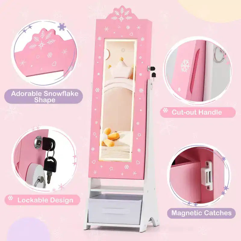 Costway Armoire à Bijoux pour Enfants avec Miroir Pleine Longueur Éclairé 3 Couleurs et Lumières LED Intérieures Blanc/Rose