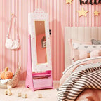 Costway Armoire à Bijoux pour Enfants avec Miroir Pleine Longueur Éclairé 3 Couleurs et Lumières LED Intérieures Blanc/Rose