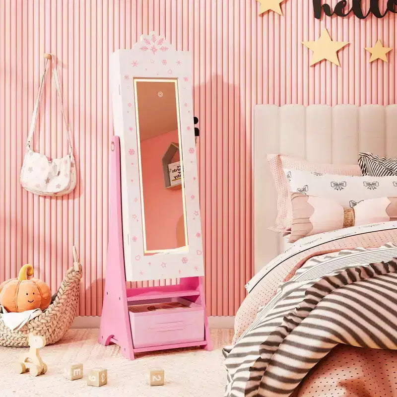 Costway Armoire à Bijoux pour Enfants avec Miroir Pleine Longueur Éclairé 3 Couleurs et Lumières LED Intérieures Blanc/Rose