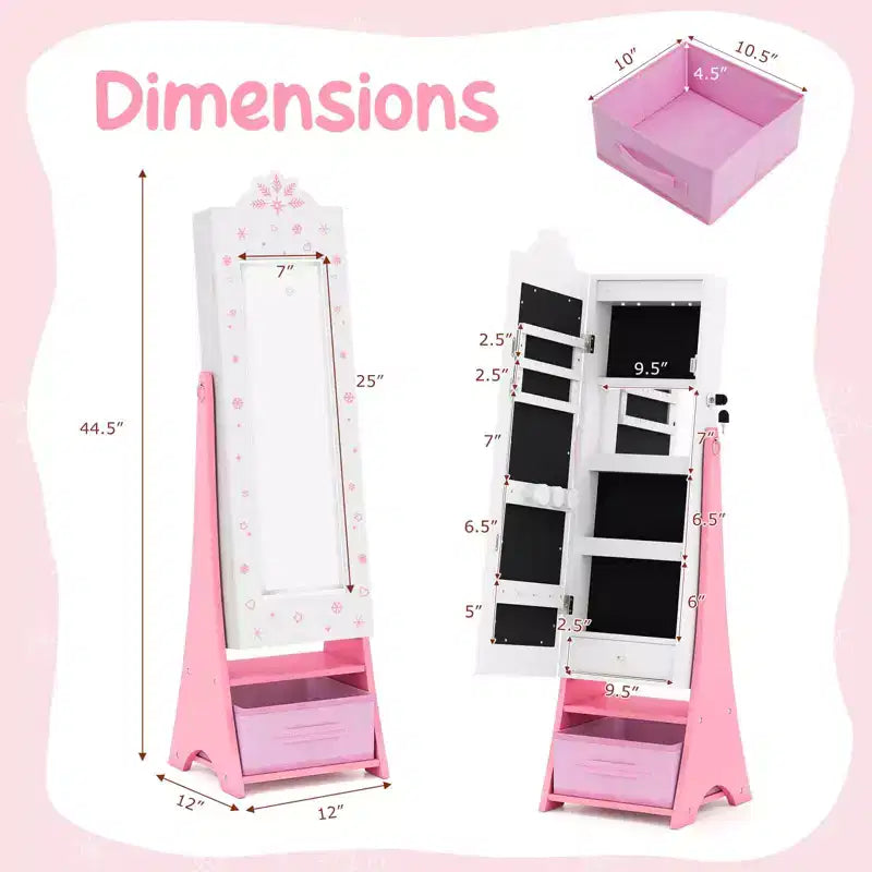 Costway Armoire à Bijoux pour Enfants avec Miroir Pleine Longueur Éclairé 3 Couleurs et Lumières LED Intérieures Blanc/Rose