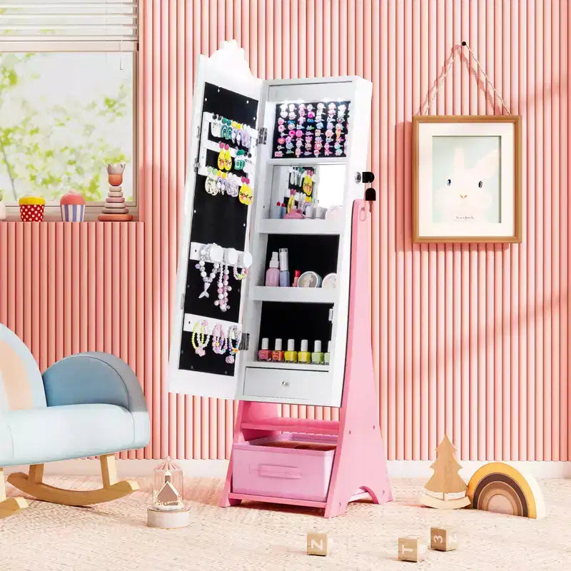 Costway Armoire à Bijoux pour Enfants avec Miroir Pleine Longueur Éclairé 3 Couleurs et Lumières LED Intérieures Blanc/Rose