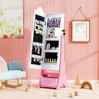 Costway Armoire à Bijoux pour Enfants avec Miroir Pleine Longueur Éclairé 3 Couleurs et Lumières LED Intérieures Blanc/Rose