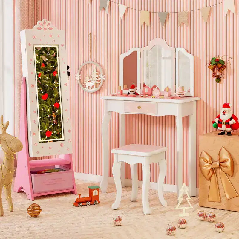 Costway Armoire à Bijoux pour Enfants avec Miroir Pleine Longueur Éclairé 3 Couleurs et Lumières LED Intérieures Blanc/Rose
