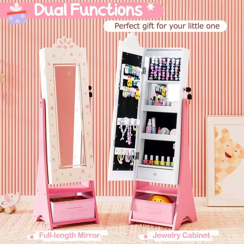 Costway Armoire à Bijoux pour Enfants avec Miroir Pleine Longueur Éclairé 3 Couleurs et Lumières LED Intérieures Blanc/Rose