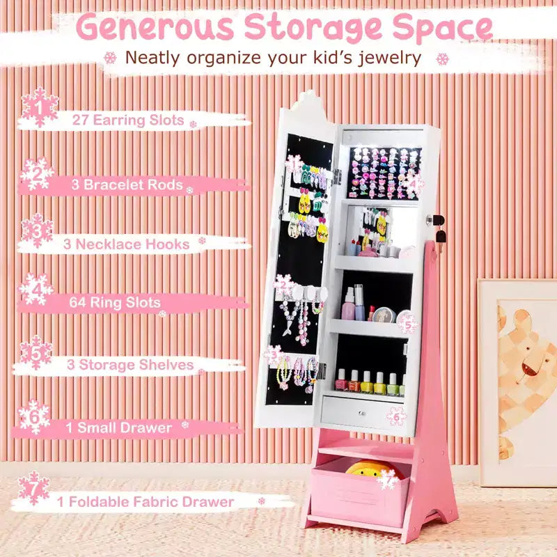 Costway Armoire à Bijoux pour Enfants avec Miroir Pleine Longueur Éclairé 3 Couleurs et Lumières LED Intérieures Blanc/Rose