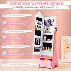 Costway Armoire à Bijoux pour Enfants avec Miroir Pleine Longueur Éclairé 3 Couleurs et Lumières LED Intérieures Blanc/Rose
