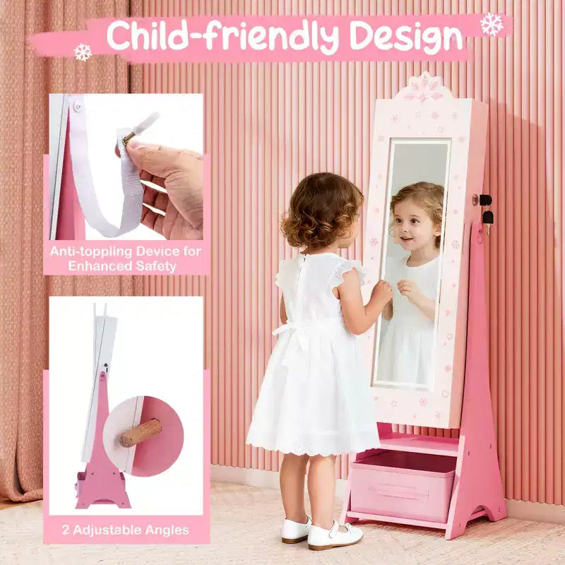 Costway Armoire à Bijoux pour Enfants avec Miroir Pleine Longueur Éclairé 3 Couleurs et Lumières LED Intérieures Blanc/Rose