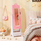 Costway Armoire à Bijoux pour Enfants avec Miroir Pleine Longueur Éclairé 3 Couleurs et Lumières LED Intérieures Blanc/Rose