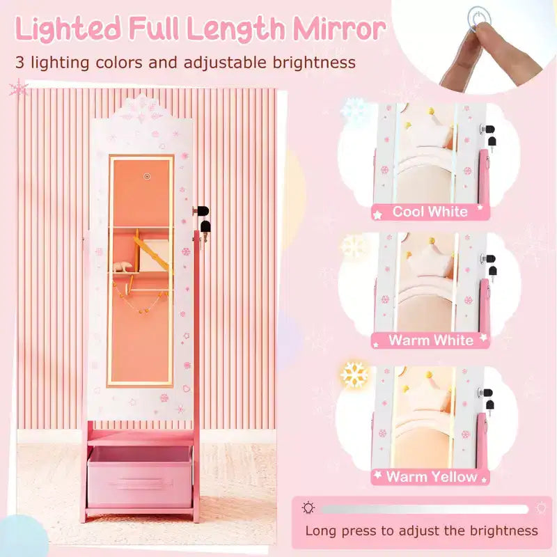 Costway Armoire à Bijoux pour Enfants avec Miroir Pleine Longueur Éclairé 3 Couleurs et Lumières LED Intérieures Blanc/Rose