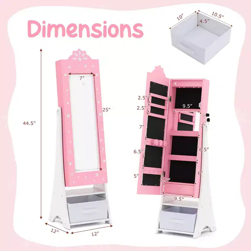 Costway Armoire à Bijoux pour Enfants avec Miroir Pleine Longueur Éclairé 3 Couleurs et Lumières LED Intérieures Blanc/Rose