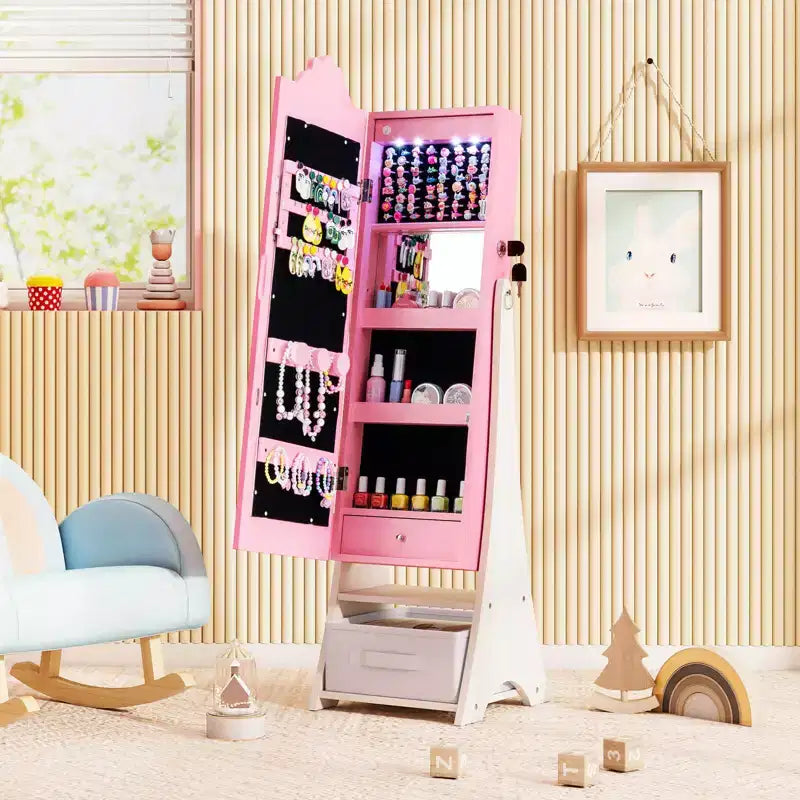 Costway Armoire à Bijoux pour Enfants avec Miroir Pleine Longueur Éclairé 3 Couleurs et Lumières LED Intérieures Blanc/Rose