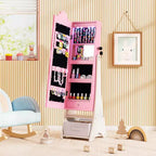 Costway Armoire à Bijoux pour Enfants avec Miroir Pleine Longueur Éclairé 3 Couleurs et Lumières LED Intérieures Blanc/Rose