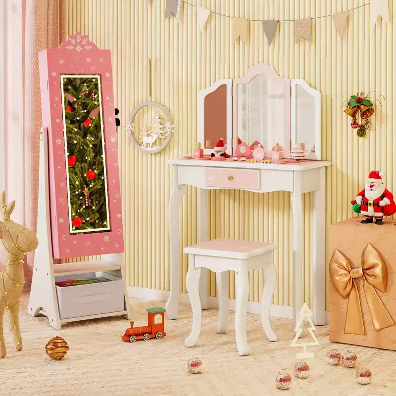 Costway Armoire à Bijoux pour Enfants avec Miroir Pleine Longueur Éclairé 3 Couleurs et Lumières LED Intérieures Blanc/Rose
