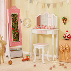 Costway Armoire à Bijoux pour Enfants avec Miroir Pleine Longueur Éclairé 3 Couleurs et Lumières LED Intérieures Blanc/Rose