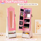 Costway Armoire à Bijoux pour Enfants avec Miroir Pleine Longueur Éclairé 3 Couleurs et Lumières LED Intérieures Blanc/Rose