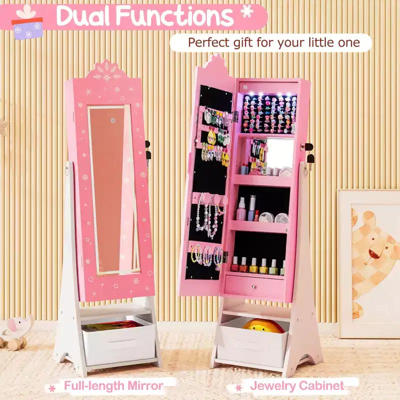 Costway Armoire à Bijoux pour Enfants avec Miroir Pleine Longueur Éclairé 3 Couleurs et Lumières LED Intérieures Blanc/Rose