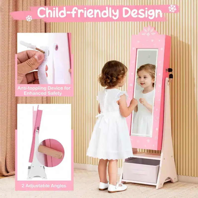 Costway Armoire à Bijoux pour Enfants avec Miroir Pleine Longueur Éclairé 3 Couleurs et Lumières LED Intérieures Blanc/Rose