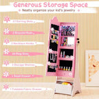 Costway Armoire à Bijoux pour Enfants avec Miroir Pleine Longueur Éclairé 3 Couleurs et Lumières LED Intérieures Blanc/Rose