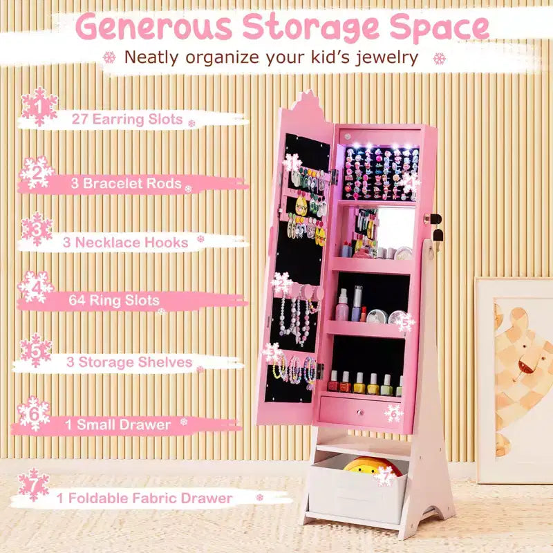Costway Armoire à Bijoux pour Enfants avec Miroir Pleine Longueur Éclairé 3 Couleurs et Lumières LED Intérieures Blanc/Rose