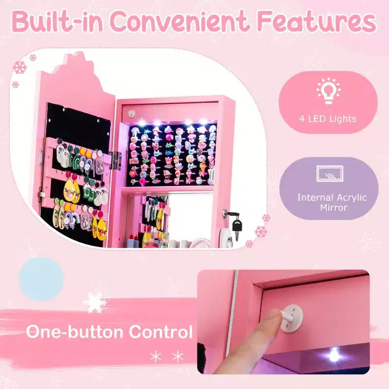 Costway Armoire à Bijoux pour Enfants avec Miroir Pleine Longueur Éclairé 3 Couleurs et Lumières LED Intérieures Blanc/Rose