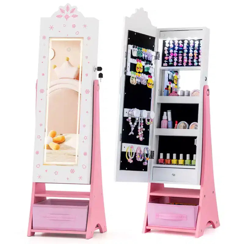 Costway Armoire à Bijoux pour Enfants avec Miroir Pleine Longueur Éclairé 3 Couleurs et Lumières LED Intérieures Blanc/Rose