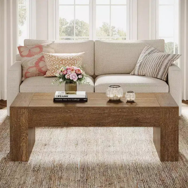Table basse rectangulaire Lantine pour salon, table à thé et à cocktail de style rustique de 51 pouces avec base robuste pour la maison et la réception, marron