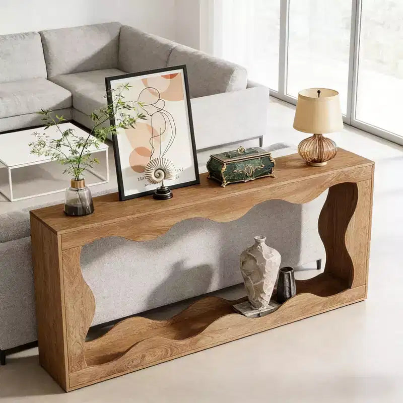 Console de salon en bois GDFStudio Langford Farmhouse avec motif ondulé et étagères de rangement à 2 niveaux