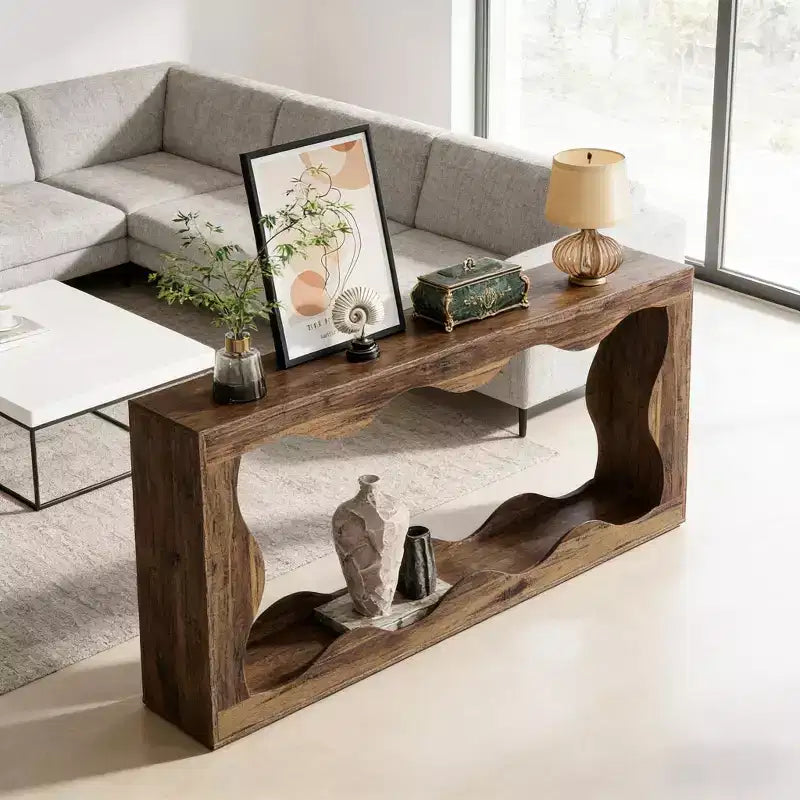 Console de salon en bois GDFStudio Langford Farmhouse avec motif ondulé et étagères de rangement à 2 niveaux