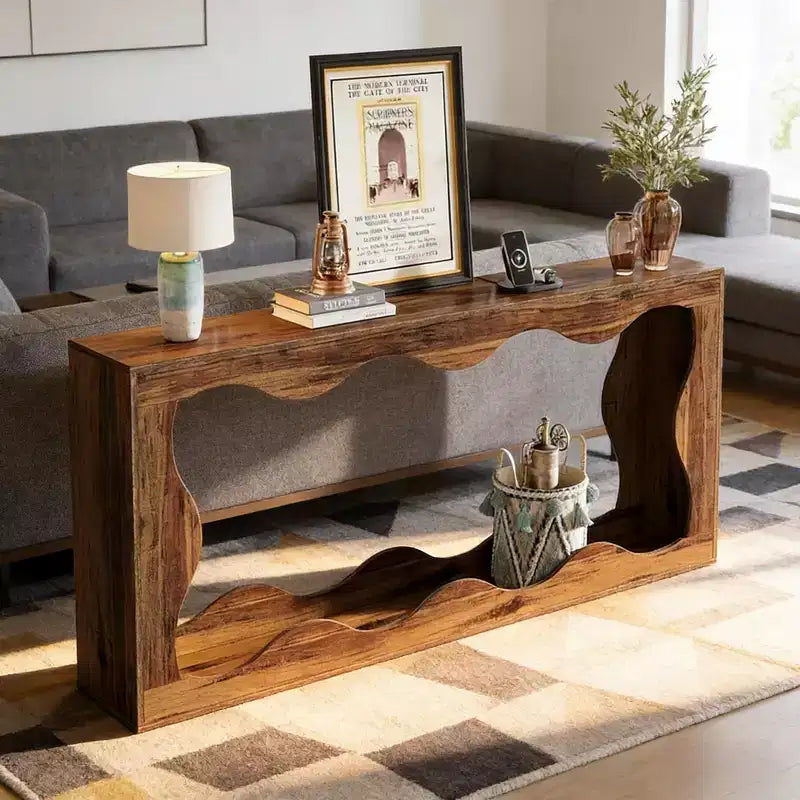 Console de salon en bois GDFStudio Langford Farmhouse avec motif ondulé et étagères de rangement à 2 niveaux