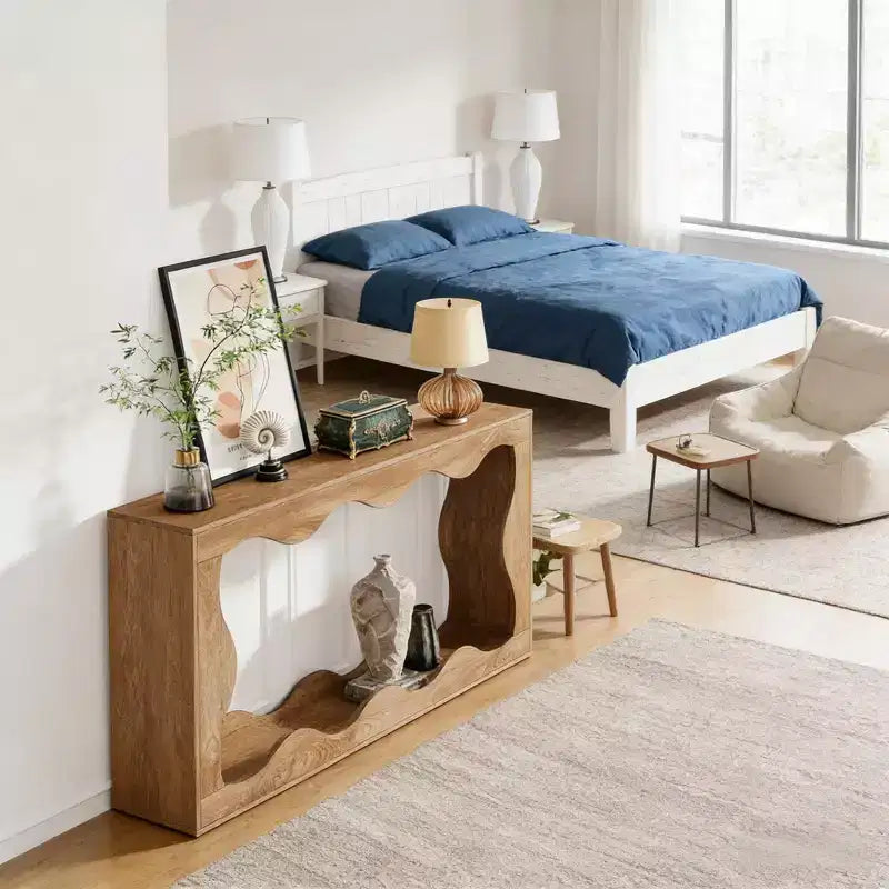 Console de salon en bois GDFStudio Langford Farmhouse avec motif ondulé et étagères de rangement à 2 niveaux