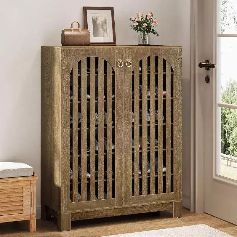 Lantine Shoe Cabinet with Slatted Doors, 6-Tier Entryway Shoe Rack Organizer with Adjustable Shelves for Living Room, Bedroom, Natural Wood