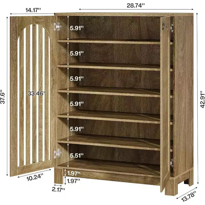 Meuble à chaussures Lantine avec portes à persiennes, Organisateur de chaussures à 6 niveaux pour entrée avec étagères réglables pour salon, chambre, bois naturel