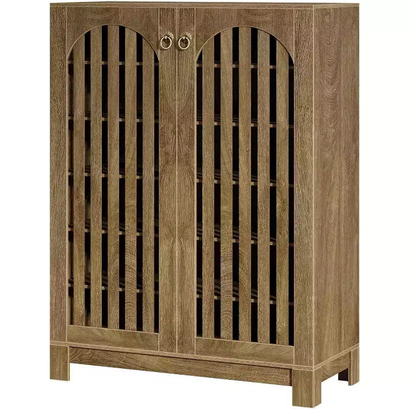 Meuble à chaussures Lantine avec portes à persiennes, Organisateur de chaussures à 6 niveaux pour entrée avec étagères réglables pour salon, chambre, bois naturel