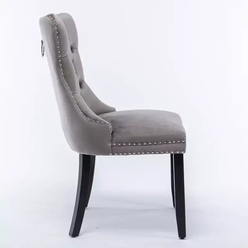 Chaises de salle à manger modernes en velours capitonné Harrington Collection, pieds en bois massif avec clous décoratifs, ensemble de 2 chaises d'appoint contemporaines rembourrées, gris