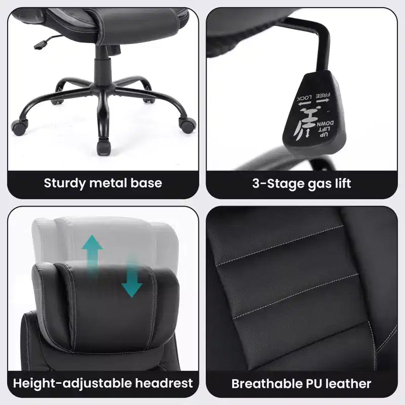 Chaise de bureau ergonomique, dossier haut en cuir, appui-tête réglable, soutien lombaire, accoudoirs relevables, fauteuil de bureau pivotant inclinable, pour la maison ou le bureau
