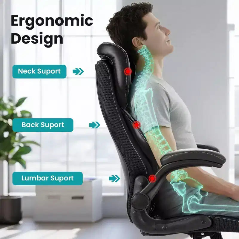 Chaise de bureau ergonomique, dossier haut en cuir, appui-tête réglable, soutien lombaire, accoudoirs relevables, fauteuil de bureau pivotant inclinable, pour la maison ou le bureau