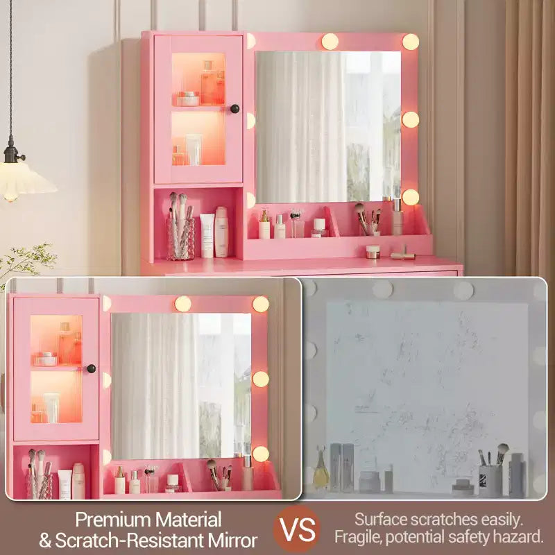 Coiffeuse moderne avec miroir, 2 armoires à portes en acrylique, 2 étagères ouvertes, tiroirs, pour chambre à coucher