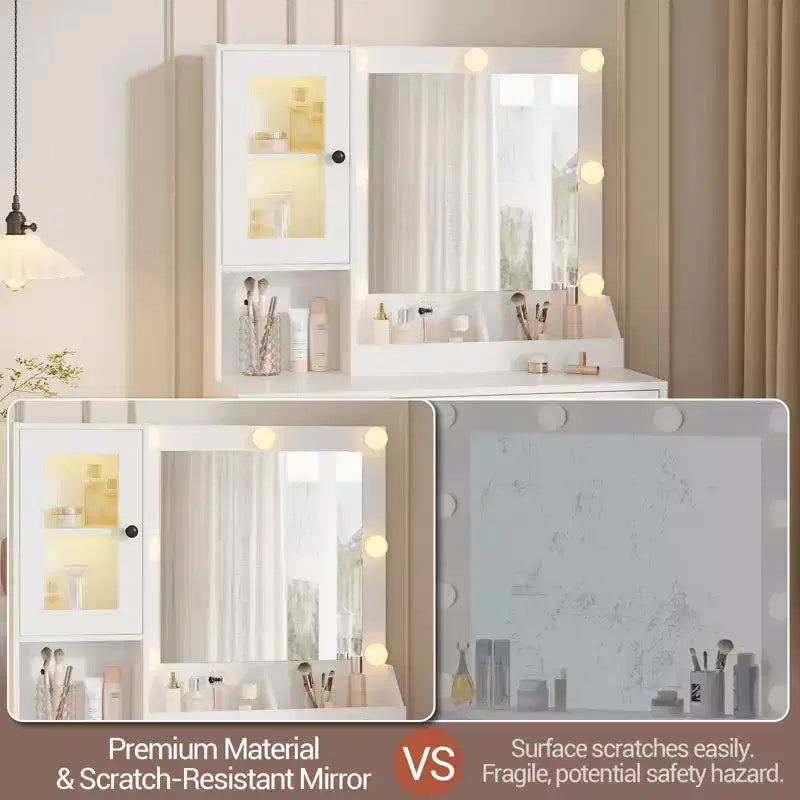 Coiffeuse moderne avec miroir, 2 armoires à portes en acrylique, 2 étagères ouvertes, tiroirs, pour chambre à coucher