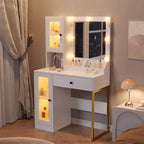 Coiffeuse moderne avec miroir, 2 armoires à portes en acrylique, 2 étagères ouvertes, tiroirs, pour chambre à coucher