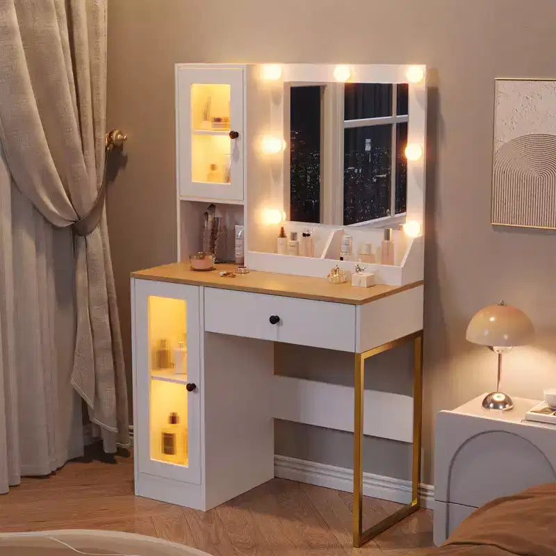 Coiffeuse moderne avec miroir, 2 armoires à portes en acrylique, 2 étagères ouvertes, tiroirs, pour chambre à coucher