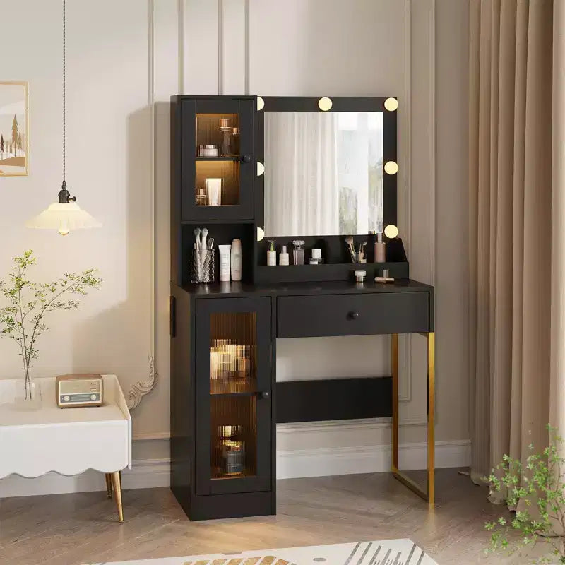 Coiffeuse moderne avec miroir, 2 armoires à portes en acrylique, 2 étagères ouvertes, tiroirs, pour chambre à coucher