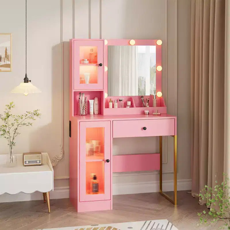 Coiffeuse moderne avec miroir, 2 armoires à portes en acrylique, 2 étagères ouvertes, tiroirs, pour chambre à coucher