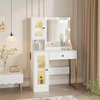 Coiffeuse moderne avec miroir, 2 armoires à portes en acrylique, 2 étagères ouvertes, tiroirs, pour chambre à coucher