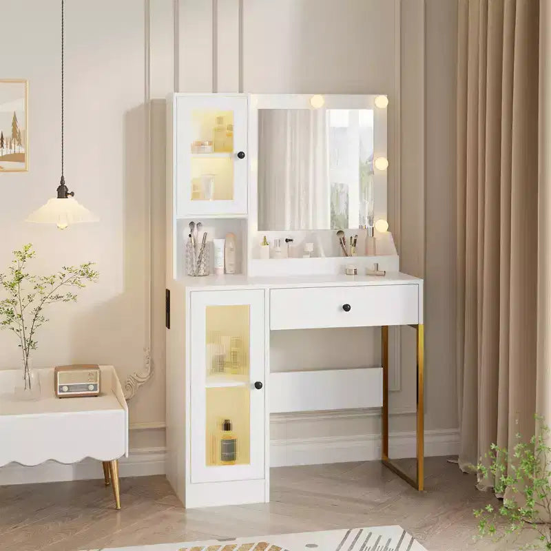 Coiffeuse moderne avec miroir, 2 armoires à portes en acrylique, 2 étagères ouvertes, tiroirs, pour chambre à coucher