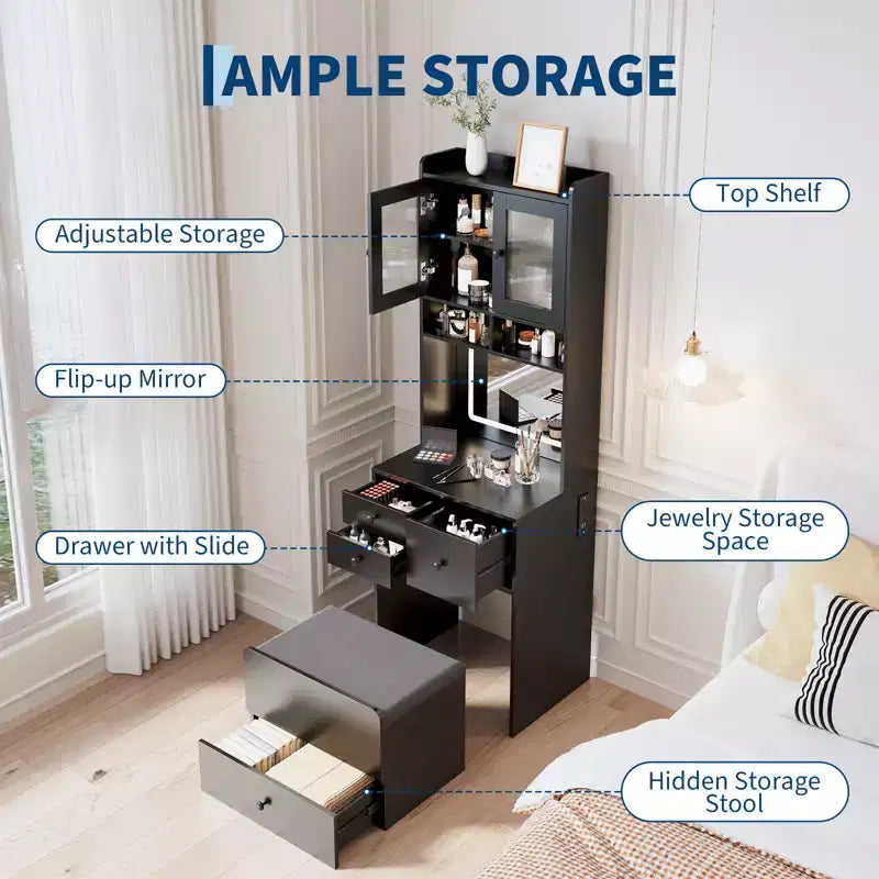 Coiffeuse 3-en-1, Meuble-coiffeuse haut, 4 tiroirs, Compartiment de rangement, Portes en acrylique, pour Chambre à coucher, Maison