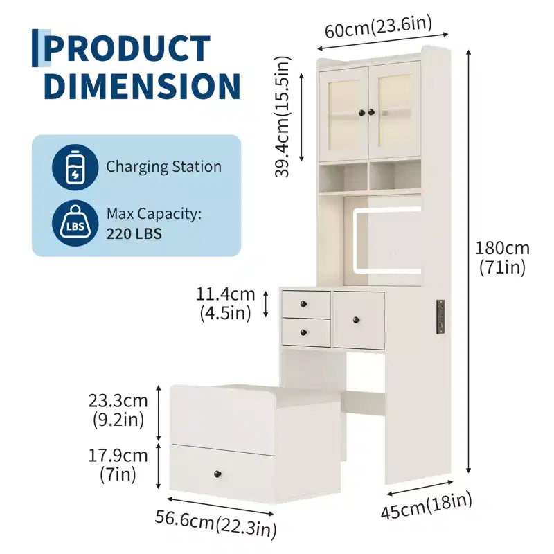 Coiffeuse 3-en-1, Meuble-coiffeuse haut, 4 tiroirs, Compartiment de rangement, Portes en acrylique, pour Chambre à coucher, Maison